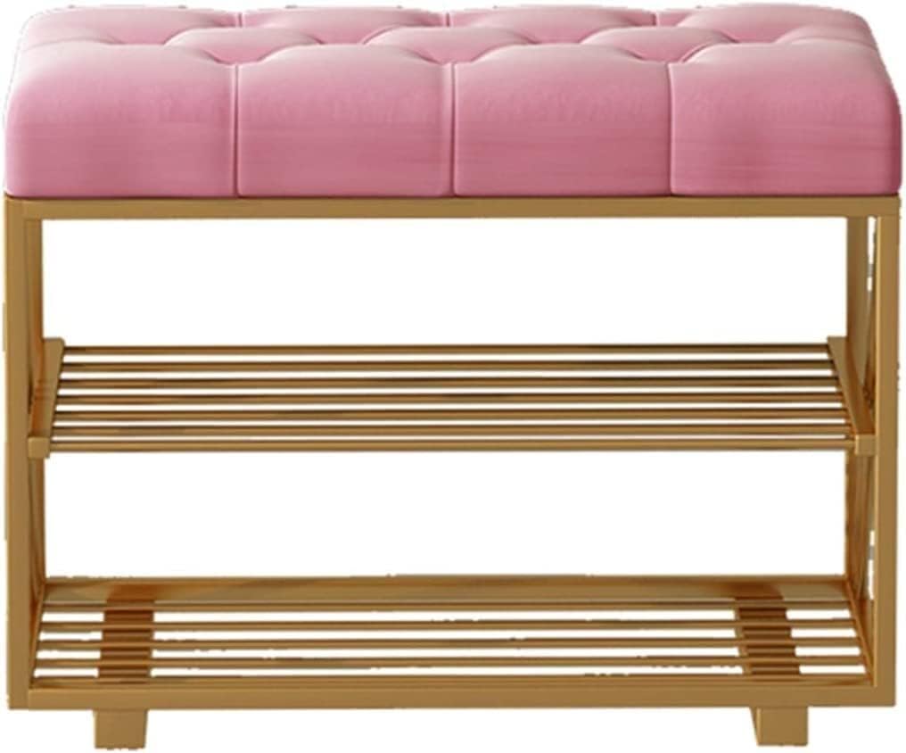 玄関用シューズベンチ 収納付き 二層式シューズラックベンチ フランネルクッション付き 北欧風錬鉄製靴交換用スツール 玄関とベッドサイ