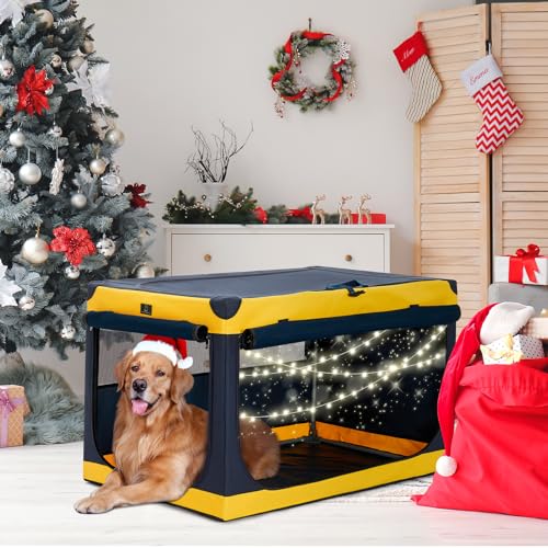 A 4 Pet Hundebox faltbar große Hunde, Hundebox für zuhause tragebar Hundetransportbox Transportbox Hund, leicht zu verstauen mit montiertem Aluminium Rahmen, einstellbare Kompatibilität(XL, Gelb)