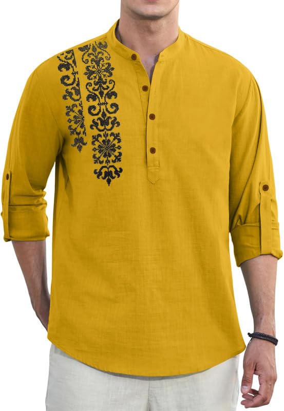 Image of Macsivo Cotton Blend Solid Casual Short Kurta for Men Long Sleeve Mandarin Collar Stylish Shirt Kurta for Men