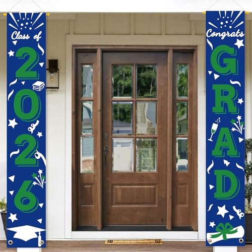Image of Graduation Porch Banner Class Sign Congrats Grad Hanging Flags High School College University Party Decoration For Front Door Outdoor Blue Green