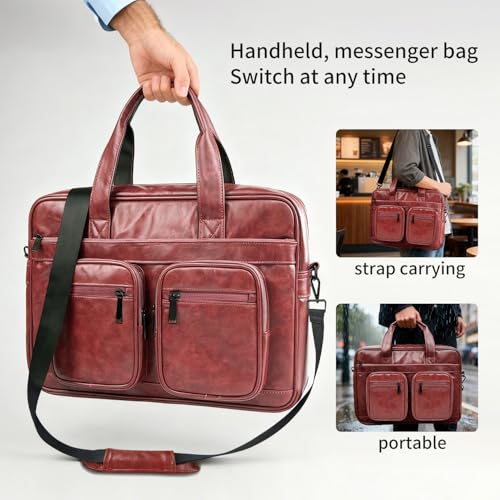 Image of MOCA PU Leather Laptop Bag for Men & Women | Office Briefcase | Multi-Pocket Messenger Bag | Fits 15.6 Inch Laptop | Adjustable Shoulder Strap