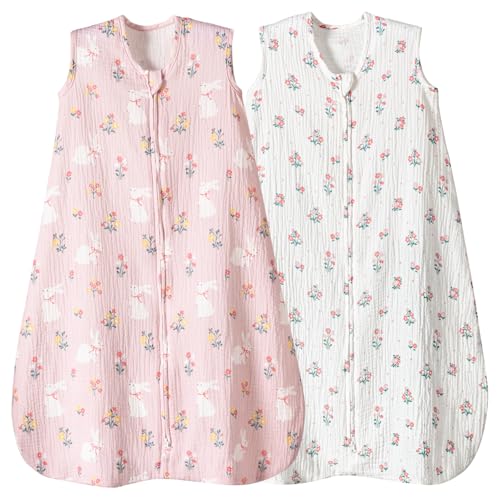 Image of david's kids Muslin Cotton Baby Sleep Sack 6-12 Months, 2 Pack 100% Cotton Sleep Sack for Summer, TOG 0.5 Baby Wearable Blankets with 2-Way Zipper, Soft Sleep Sacks for Newborn, Rabbit & Floral
