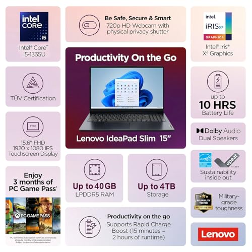 Image of Lenovo IdeaPad Slim • 15.6 inch FHD Touchscreen Laptop • Intel Core i5-1335U (10 Cores) • 16GB DDR4RAM • 512GB SSD • Windows 11