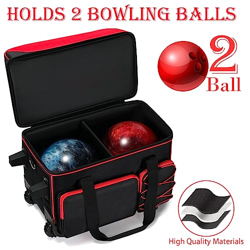 Large 2 Ball Bowling Bag With Rollers丨With Fixed Bowling Ball Device Roller Bag丨Extendable Handle To 42"丨Bowling Ball Roller Bag Fits 1 Pair Of Men's Size 16 Bowling Shoes (Bowling Ball Not Included) (‎Black/Red) #TOP1
