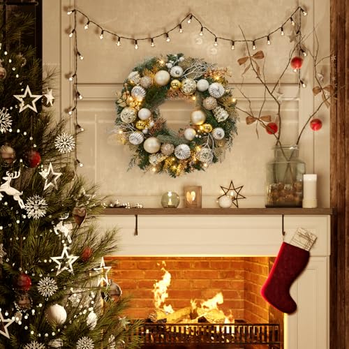 Garveehome 24 In Christmas Wreath With Lights for Front Door, Pre-Lit Christmas Wreath, Battery Operated, Lighted Xmas Door Wreath with Ball Ornaments for Christmas Door Fireplace Decor, Gold & Silver