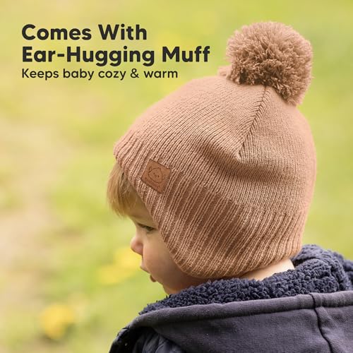 Image of Baby Beanie Winter Hat 6-36 Months - Cute Pom Winter Baby Hats with Earflaps, Soft & Stretchy Knit Toddler Beanies for Infant, Newborn 6-36 Months Boys, Girls, Cozy, Warm Fall Essentials (Dune, M)