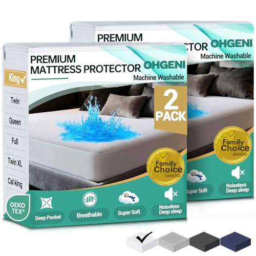 Image of OhGeni 2 Pack Waterproof Mattress Protector, King Size Mattress Pad Fitted with Deep Pocket 6 inch-18 inch, Breathable Soft, Washable DirtProof Mattress Cover, White, More Than 99 pcs fibers, Daybed Cover
