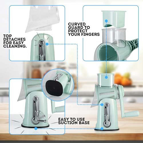 Rotary Cheese Grater 5-in-1 with Handle – Vegetable Slicer, Shredder, Carrot Grater, Nut Grinder & Chocolate Shaver, Durable Stainless Steel Blades (Light Green) by Generic - Image 3