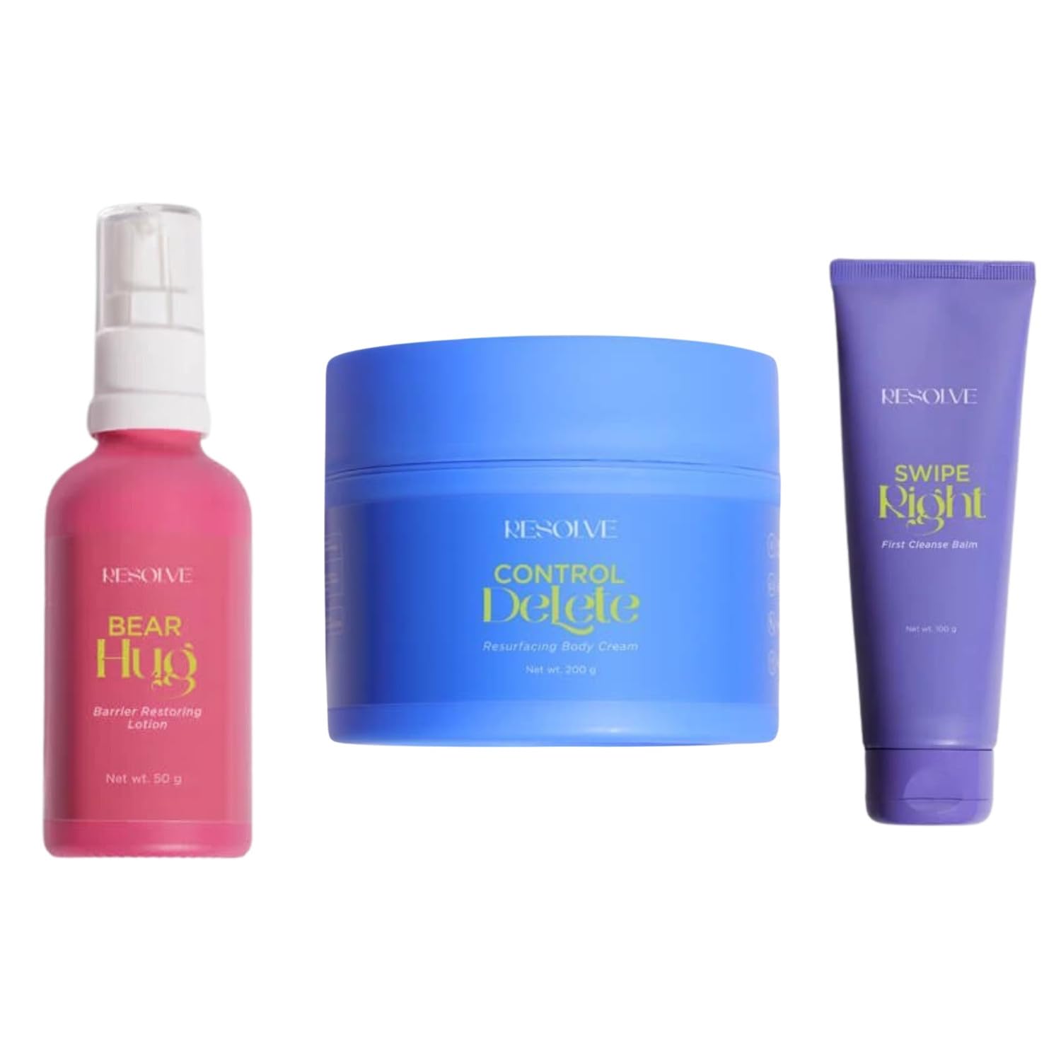 RESOLVE SKINCARE ESSENTIALS | Swipe Right, Bear Hug, Control Delete | Cleansing Balm, Barrier Repair Moisturiser, Body Butter | Size: 50GM+100GM+200GM