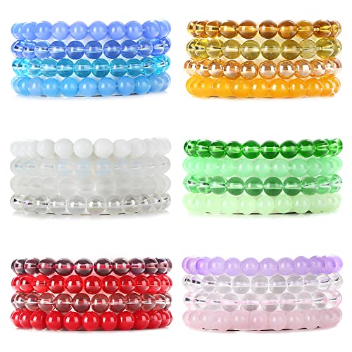 Jewpark 24Pcs 8Mm Beaded Stretch Bracelet Handmade Round Glass Bracelet For Women Girl Multicolor Matte Beads Elastic Bracelet Shining Beads Wristband Valentines Jewelry #TOP17