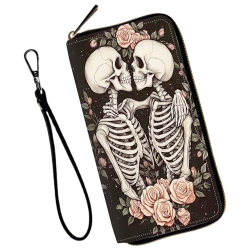 Wristlet Wallet for Women Teen Girls Womens Wallet RFID Blocking Credit Card Holder with Removable Wristlet,Leather Phone Wallet Clutch Large Capacity Ladies Travel Purs,Pink Floral and Skeleton