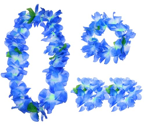 PENTA ANGEL Hawaiian Leis Set for Luau Party 4Pcs Tropical Flower Ribbon Lei Necklace for Summer Beach Pool Graduation Dance Party Favor Decoration (Blue)