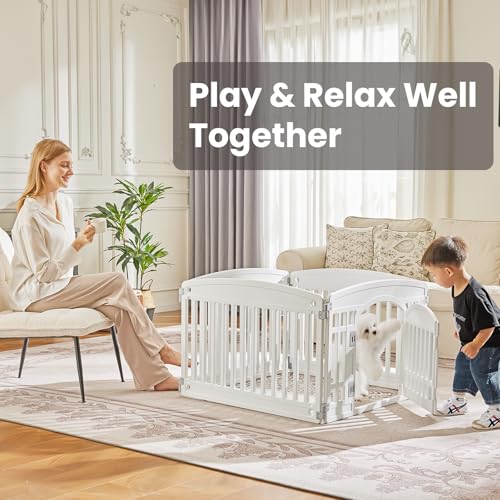 Image of Sweetcrispy Plastic Dog Playpen - 4-Panel 24 inch Expandable & Durable Pet Fence for Medium Dogs - Indoor & Outdoor Portable Puppy Playpen with Secure Locking Door - Morden White