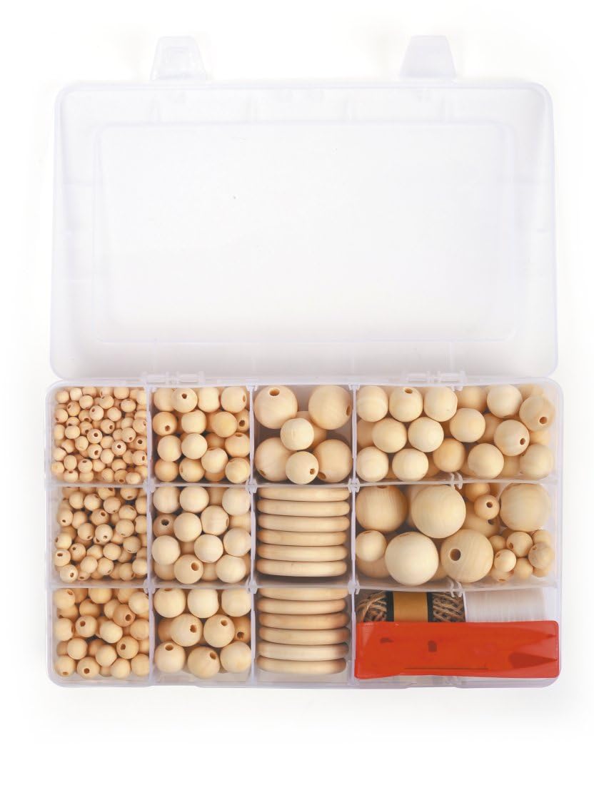 Caja de cuentas y anillos de madera - 747 piezas