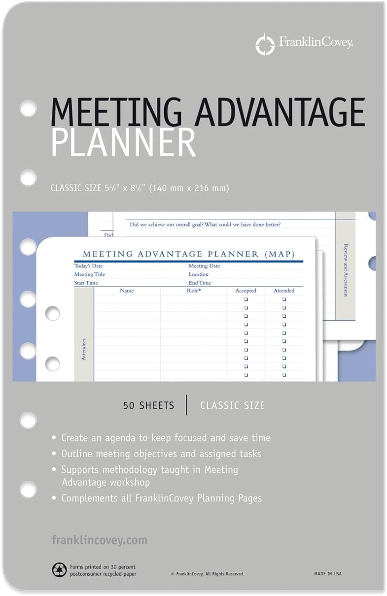 FranklinCovey - Meeting Advantage Form for Ring-Bound FranklinCovey Planners | Pages for Meetings, Events, or Projects to Record Action Items (Classic, 50 Sheets)