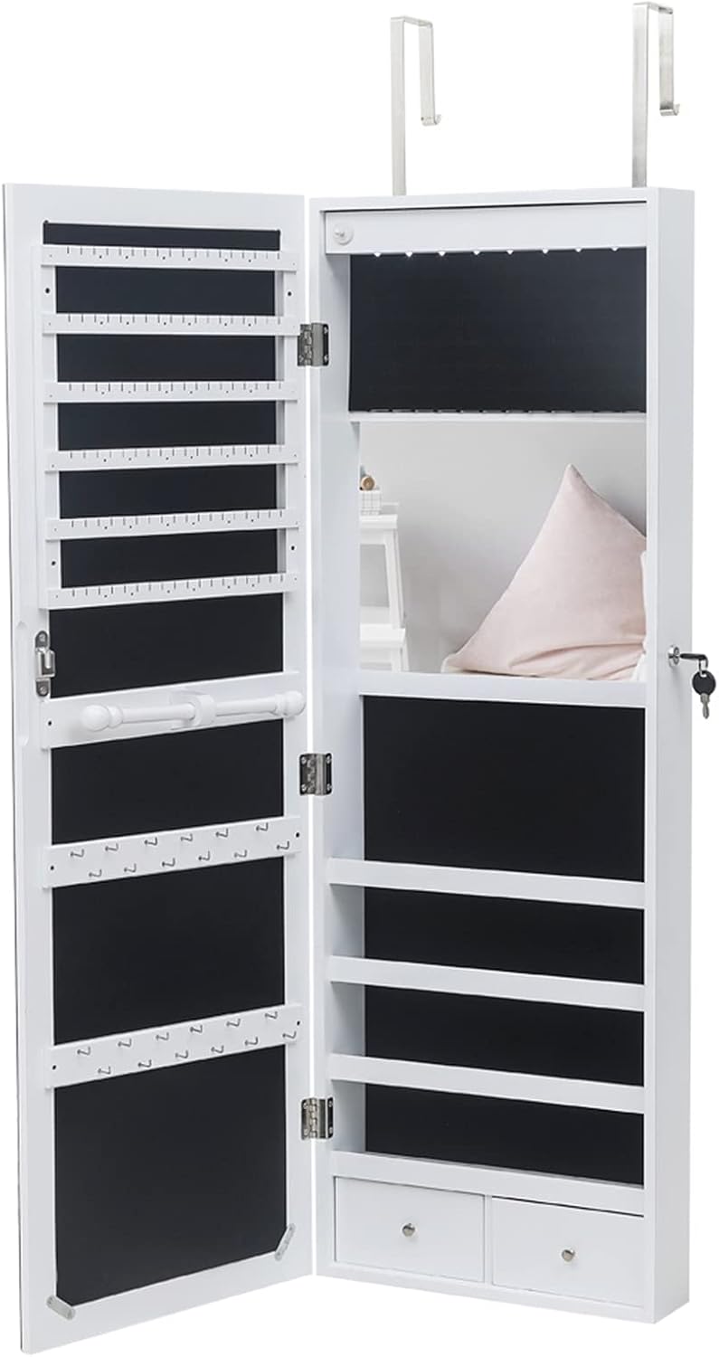 Full Wooden Wall Mounted 4-Layer Shelf 2 Drawers With Inner 8 Blue LED Light Jewelry Storage Cabinet