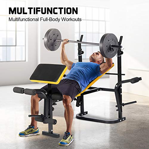 Adjustable Weight Bench with Squat Rack, Doufit WB-04 Foldable Workout Bench with Leg Extension and Preacher Curl for Full-Body Exercise and Strength Training, Weight Lifting Bench Press for Home Gym