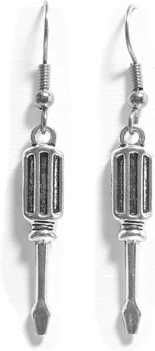 Screw Driver - 30x6mm – Antique Silver alloy charm dangle earrings. Choose the backings you prefer. Hypoallergenic Fishhook, Ball-Post, or Clip-on Earring Opts.