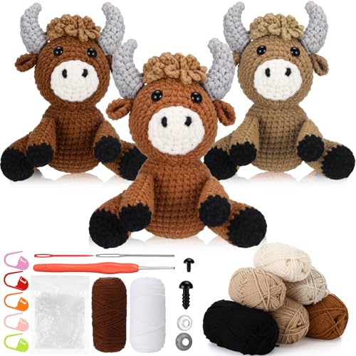 Image of Newwiee 3 Pcs Crochet Kit for Beginners Highland Cow Crochet Kit Holiday Birthday Gift Include Step-by-Step Video, Easy Knitting Yarn, Tutorial, Hook for Women Adults