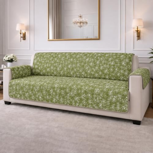 Image of STITCHNEST 'Opulence Series' Floral Woven Sofa Cover for 3 Seater | Premium Soft Fabric Sofa Protector | Green Floral Pattern with Armrest Pockets | Durable Living Room Furniture Cover
