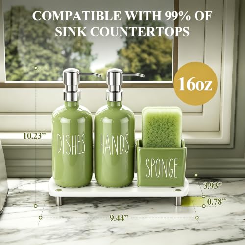 Image of Cisily Olive Green Kitchen Soap Dispenser Set with Ceramics Sponge Holder | Stainless Steel Silver Pumps, and Instant Dry Tray, Hand and Dish Soap Dispenser Set, Kitchen Sink Olive Green Decor