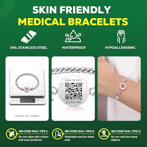 Upgraded Medical Bracelets Men Women with QR Code Medical Alert ID Bracelets - Titanium Steel Wristband Fits Wrists Up 8''-10'' - More Space Custom Emergency Med ID Info2