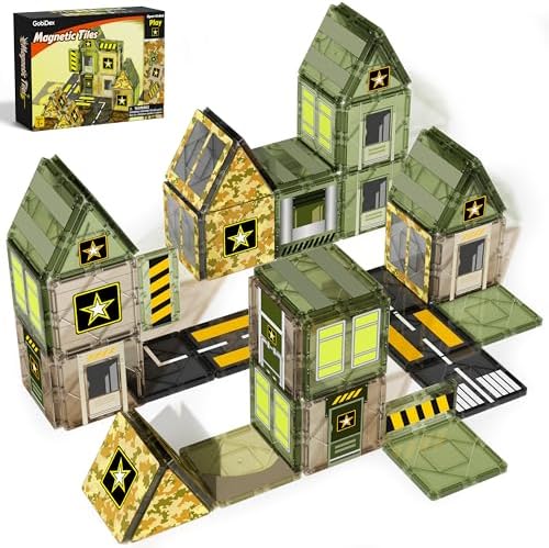 GobiDex Army Magnetic Tiles Road Set Building Toys for Boys 3+ Year Old, STEM Military Magnetic Blocks for Toddlers Construction Toys, Sensory Magnets for Kids Birthday Gifts Boys & Girls 48PCS