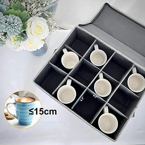 Homyfort Mug Storage Box With Dividers, Tea Cup Coffee Mug Storage Case Organizer, China Storage Containers, Protecting 12 Coffee Mugs And Tea Cups From Packing And Moving (Light Grey) #TOP2