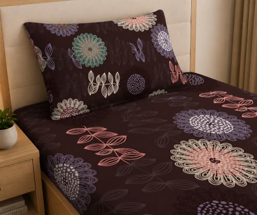 Image of LOOMLYFE Microfiber Soft Cotton Single Bed Bedsheet for Diwan Bed, Size 60 Inches X 90 Inches, 152 X 230 cm with 1 Large Size Pillow Covers Without Joint - CircleFlowerBrown