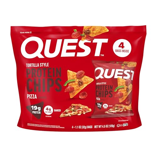 Image of Quest Nutrition Pizza Tortilla Style Protein Chips, 19g Protein, 4g Net Carbs, High Protein Snack, Low Carb, Gluten Free, 1.01 oz bags, 4 Count