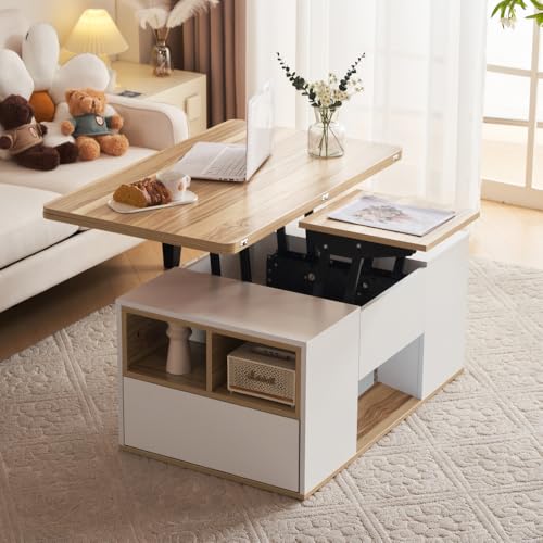 Zubaliya Table Basse multifonctionnelle relevable,Plateau de s'ouvre sur 2 Tables,Deux tiroirs,Grande capacité,Table à Manger de Bureau Loisirs multifonctionnelle