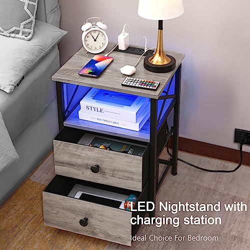 Amhancible Led Nightstand With Fast Charging Station, End Tables Living Room With Usb C Charger 3-Port & 2-Power Outlet, Bedside Table With Storage Fabric Drawers For Bedroom Het052Lgy1 #TOP3