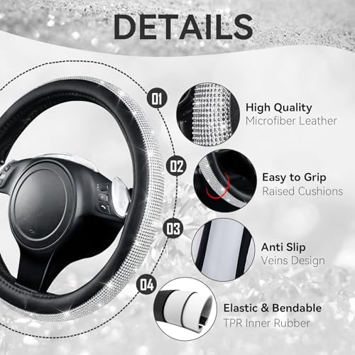 Image of CAR PASS Bling Silver Diamond Leather Steering Wheel Cover, with Sparkly Crystal Glitter Rhinestone Universal Fit 13 inch 1 /2-14 inch Small Car Wheel Protector for Women Girl Fit Car,SUV,Van,Sedan, Silver