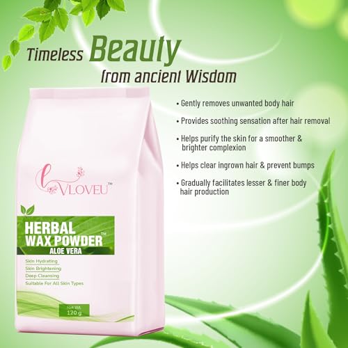 Image of VLOVEU Wax Powder for Hair Removal for Women - 120 gm (Pack of 1) | Hair Removal Powder with Aloevera | Painless Herbal Wax Powder, All Skin Types Hands, Legs, Underarms, Bikini & Intimate Area