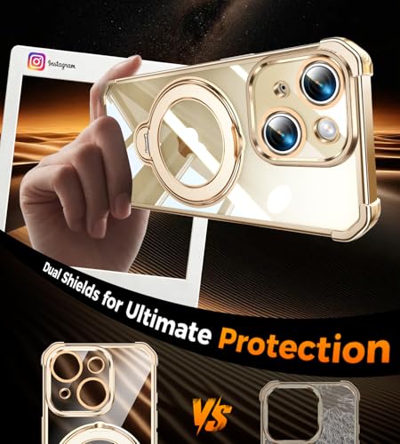 Image of Soft Case for iPhone 15 with 360 Rotating Magnetic Stand, Compatible with Mag-Safe, 4X MIL-Drop Protection, Lightweight Glossy Anti-Yellowing Clear Back Phone Cover for iPhone 15 6.1 inch, Gold