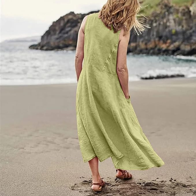 Image of Apvirdy Linen Dress for Women Summer Sleeveless Solid Casual Baggy Flowy Maxi Dresses with Pockets