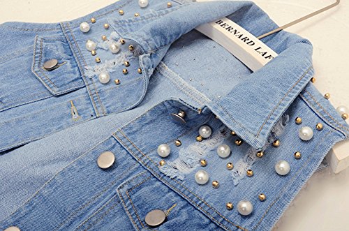 Lifeshe Womens Sleeveless Beading Pearls Denim Jean Cropped Vest Jacket #TOP3