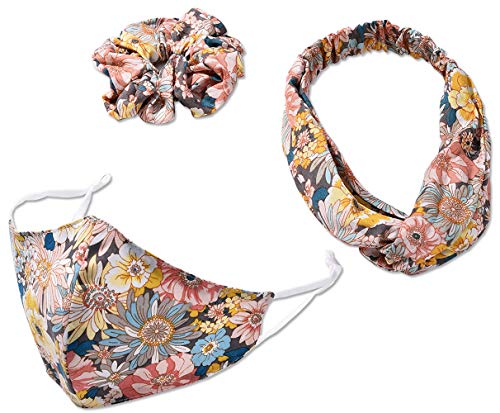 Meridian Point 3 Pack Face Mask Random Patterns Reusable Headband & Hair Scrunchie Set - 100 percentageCotton Washable F