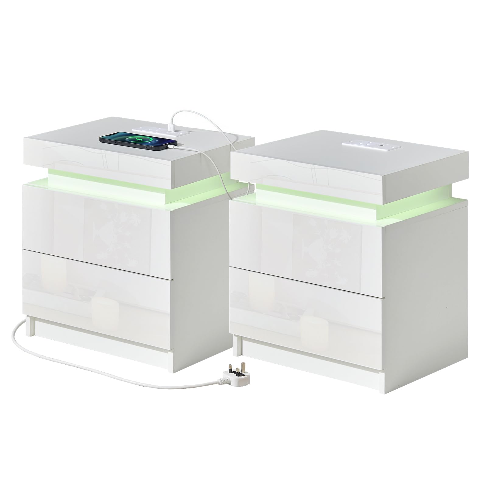 TTUKAILAi Bedside Tables Set of 2 with LED Lights and Built-in Socket, 2 Drawer Nightstands with USB Charging Ports, High Gloss Bedside Cabinets with Hidden Storage for Bedroom Living Room