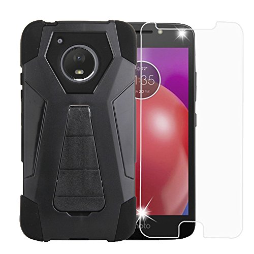 Black Rugged Dual Layer Case w Kickstand Cover + [Scratch-Proof] Tempered Glass Screen Protector Compatible with Motorola Moto E4 XT1723 XT1762