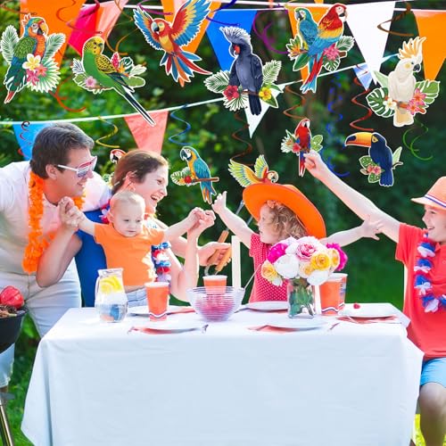Image of 58Pcs Tropical Birds Decorations Tropical Hawaiian Decor Toucan Parrot Party Hanging Swirl Foil Ceiling Decor for Summer Luau Hawaiian Beach Pool Party Tiki Party Birthday Party Supply