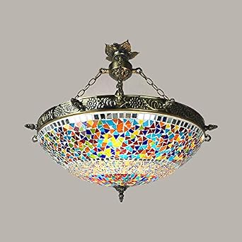 LITFAD Pendant Light Moroccan Turkish Colorful Chandelier Bowl Shade 3 Lights Stained Glass Hanging Light Handmade Glass Ceiling Light for Foyer Living Room Bedroom Restaurant Hotel