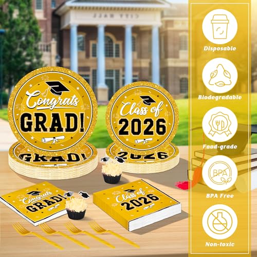 Image of Graduation Party Supplies Set for 50 Guests, Yellow Graduation Plates and Napkins 2026, 200Pcs Disposable Grad Plates, Napkins, Dessert Plates and Forks for 2026 School Ceremony, Birthday Tableware