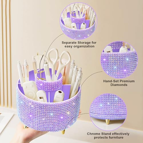 Image of Diesisa Bling Diamond 360 Makeup Brush Holder Organizer, Rotating Makeup Brush Organizer,5 Slot Make up Brushes Cup for Cosmetics, Vanity Desktop Organizer, Gift for Women Teen Girls- Diamond Purple