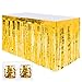 Leegleri 2 Pack Gold Metallic Foil Fringe Plastic Table Skirt Tinsel Party Garland Banner for Parade Floats Mardi Gras Party Decoration（L108 in*H 29in）
