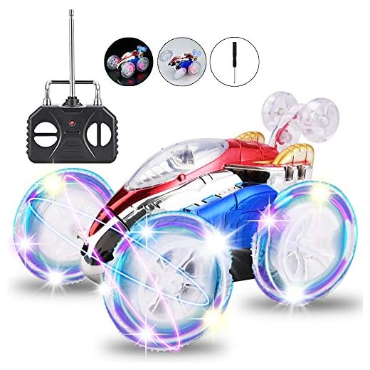 Fabur Coche Teledirigidos, Radio Control Remoto Coches Stunt Coche RC Coche de Tornado Doble Lado Rotación Flexibles con Luces de Colores para Niños, No bateria incluida