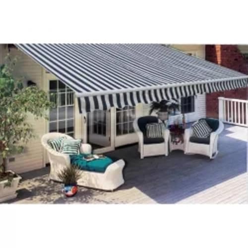 Store à bras articulé, motorisé, 600 cm, bleu/blanc, cadre en aluminium avec renfort en métal et tissu revêtu de polyuréthane, store de terrasse pour jardin, balcon, résistant aux intempéries et