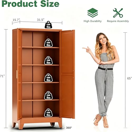 Image of Bevivog Tall Rust Brown Storage Cabinet, 71 inch Metal Pantry Cabinet with 2 Doors and 4 Adjustable Shelves, Industrial Farmhouse Metal Pantry Cabinet for Kitchen Garage
