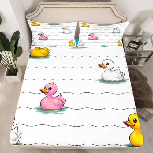 Erosebridal Cartoon Duck Bed Sheetsfor Kids Boys Girls,Colorful Duck Fitted Sheet Twin,Cute Hand Drawn Duck Wave Lines Bedding Set,Lovely Farmhouse Animal Bed Cover + 1 Pillowcase,no Top Sheet