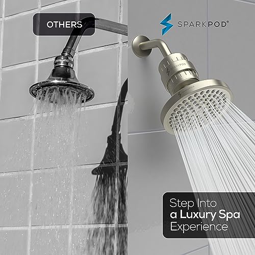 Image of SparkPod Filtered Shower Head, 23-Stage, 6 inch Round, Brushed Nickel | Showerhead for Hard Water, High Pressure, Reduces Chlorine, Heavy Metals, For Dry Skin & Hair, Removable Capsule Filter